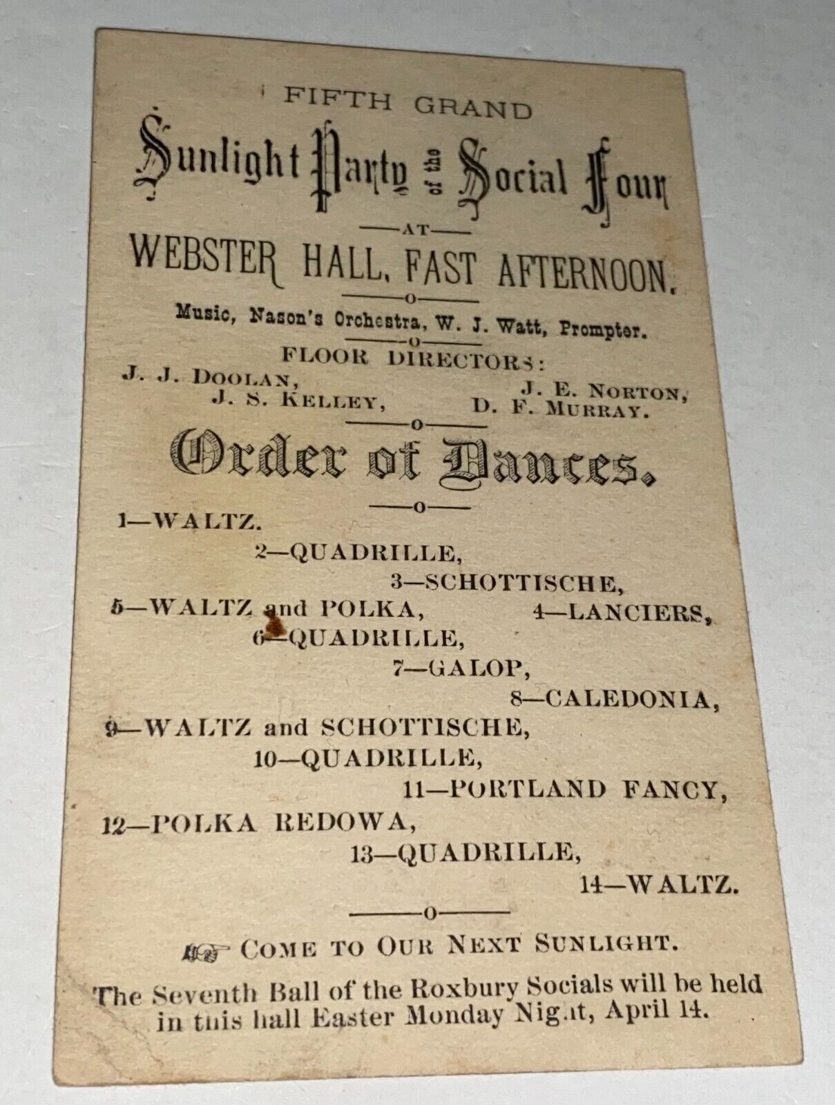 Rare Antique Sunlight Party, Social Four Webster Hall MA Dance Program Card 1884