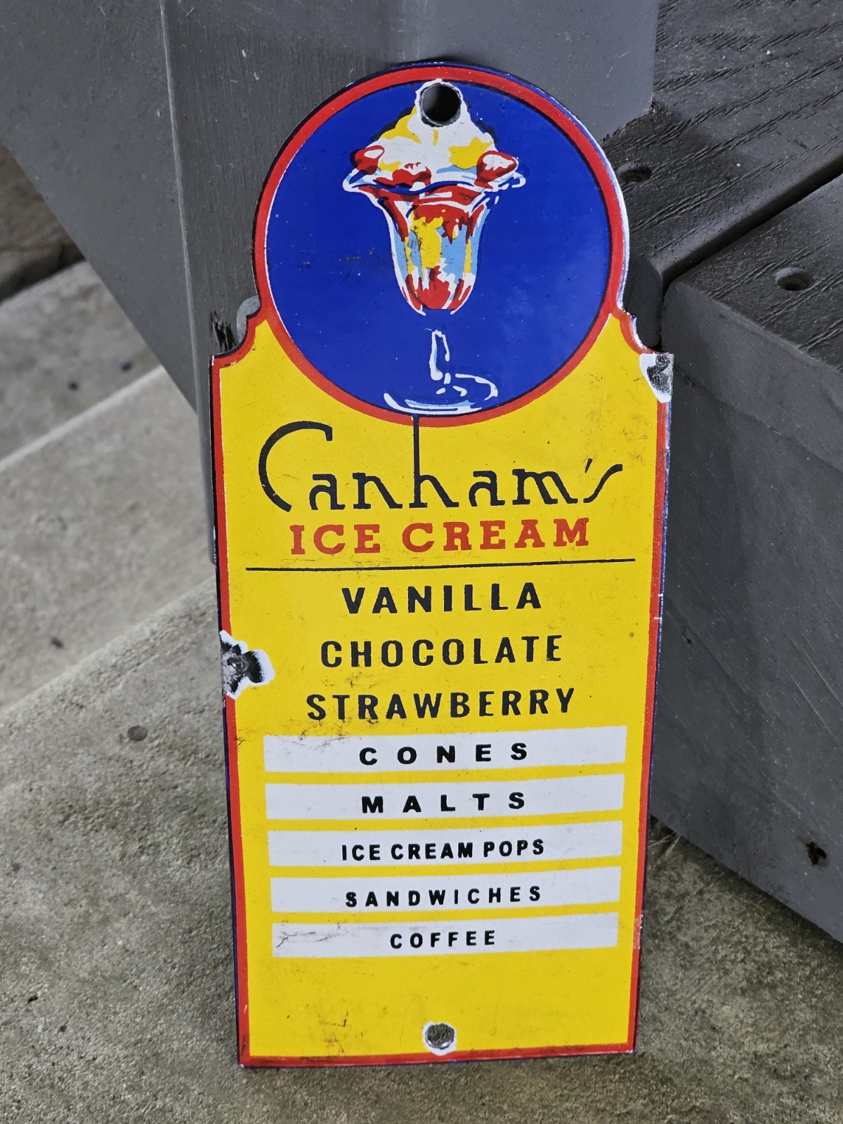 VERY NICE ORIGINAL VINTAGE PORCELAIN CANHAMS ICE CREAM SIGN 10 X 4 VERY NICE ORIGINAL VINTAGE PORCELAIN CANHAMS ICE CREAM SIGN 10 X 4