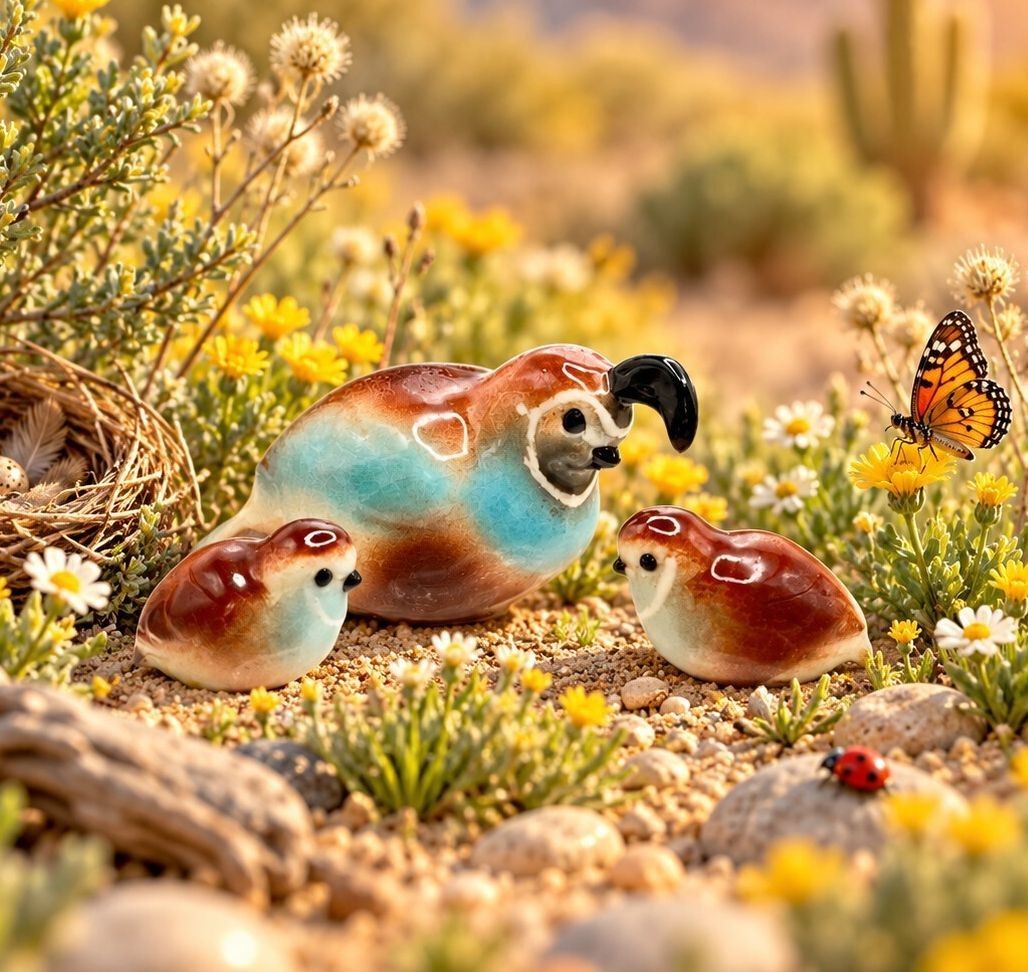 Hagen-Renaker Retired Miniature Figurine Quail Mama and Two Babies