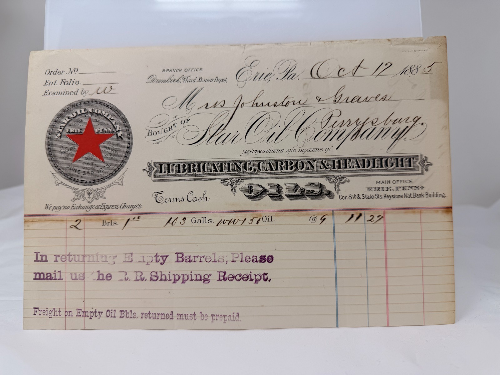1885 Standard Oil Co Erie PA Invoice Red Star Logo Lubricating Carbon Headlight