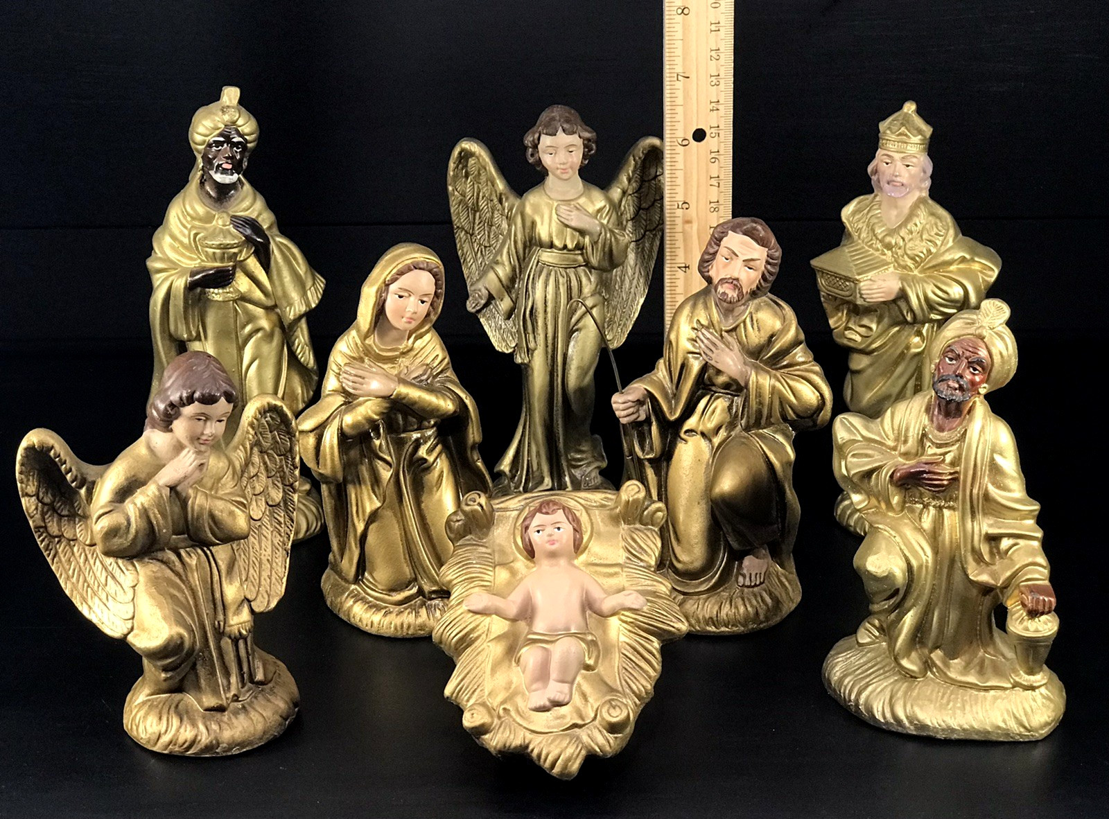Vintage Inarco Japan Paper Mache Nativity Gold Holy Family Kings Angels 8pc 7.5