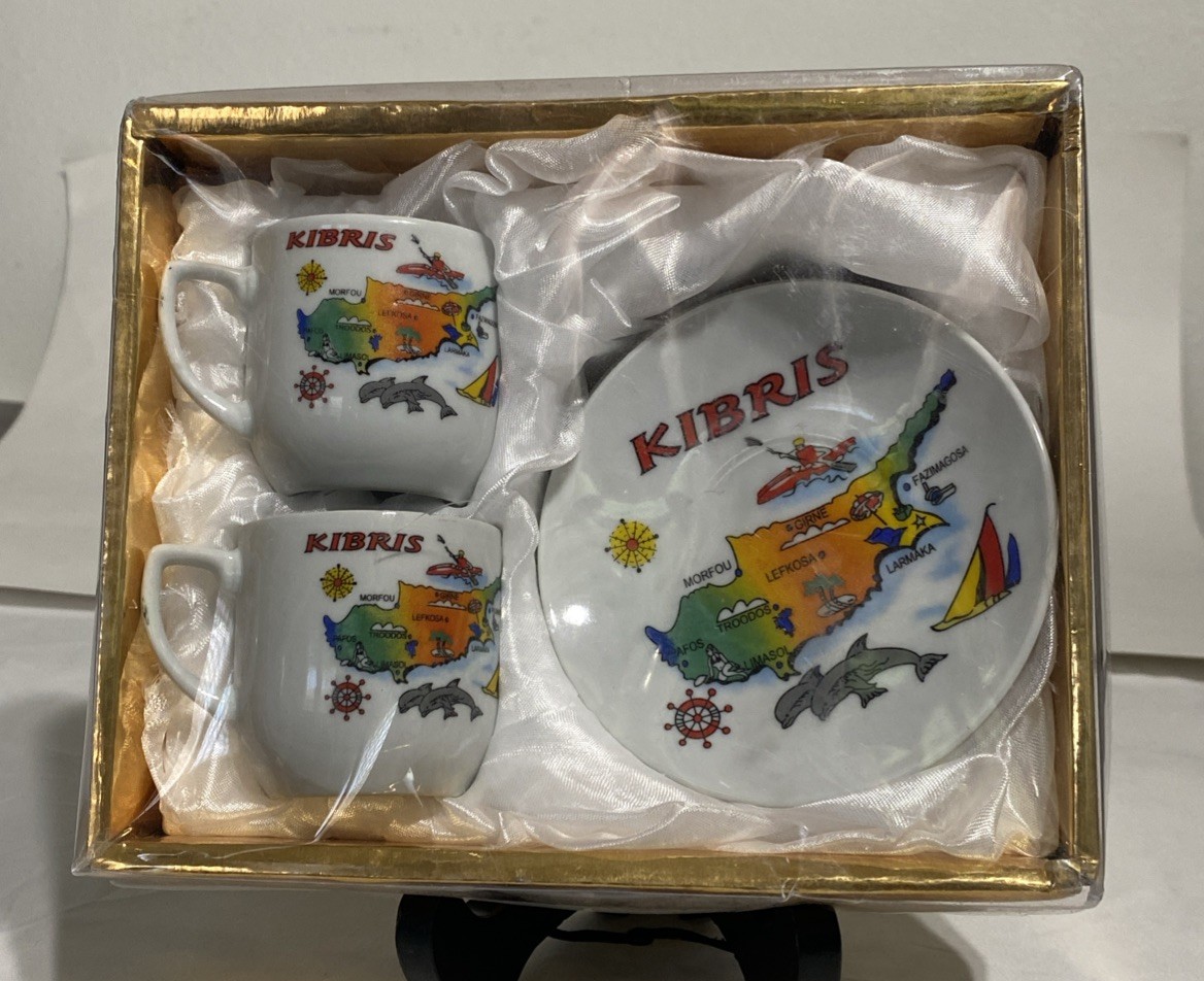 Vintage KIBRIS Cyprus Souvenir Espresso Demitasse Set of 2 Cups & Saucer MapGifT