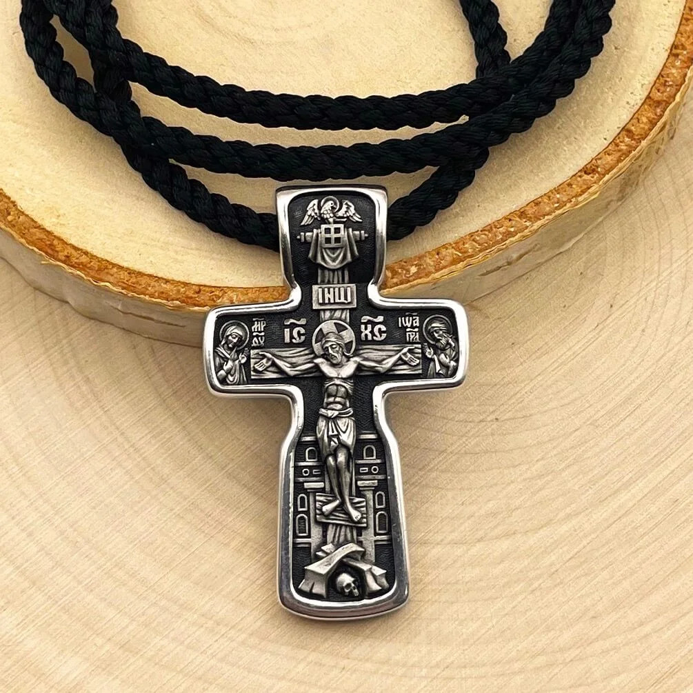 925 Silver Silk Cross Crucifixion Christ ,St. Nicholas Wonderworker Black Cord