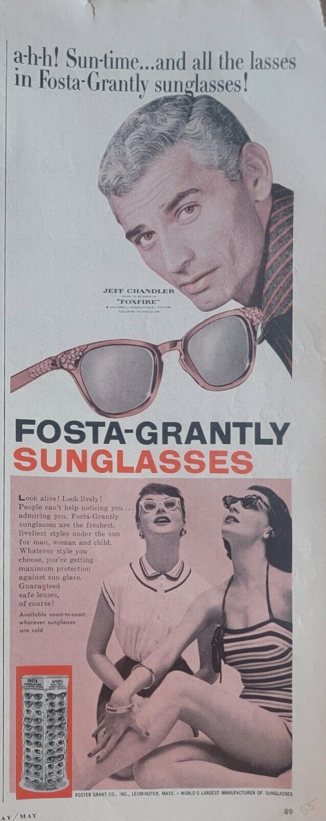 Fosta Grantly Sunglasses, Jeff Chandler-Foxfire Vintage 1955 Fashion Ad