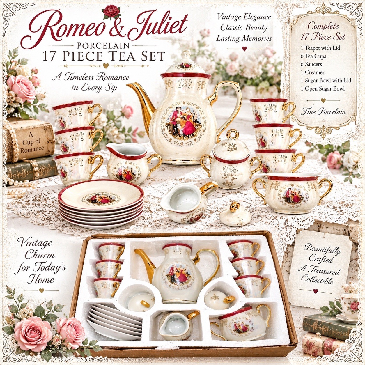 VTG Victorian Style Fine Porcelain Tea Set 17 Piece Set With Gold Trim Handles VTG Victorian Style Fine Porcelain Tea Set 17 Piece Set With Gold Trim Handles