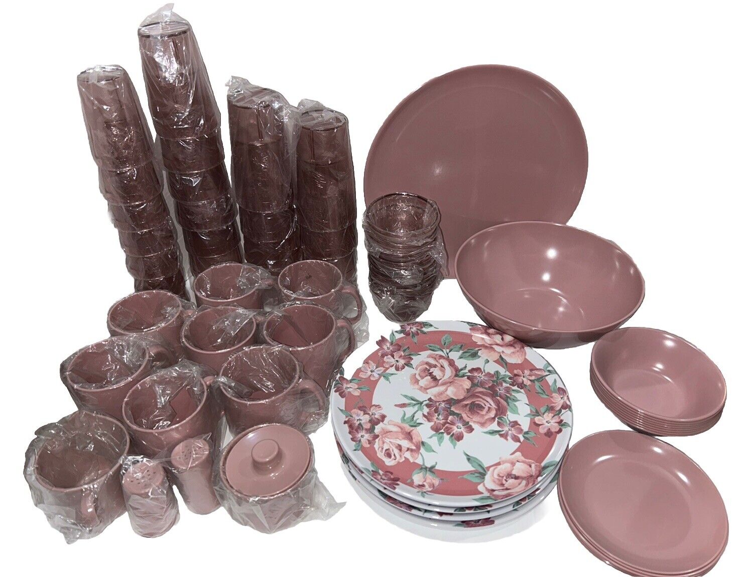Vintage MCM Melamine Dinnerware Set Pink Rose Cups Plates Bowls Camp Set 65+ pc