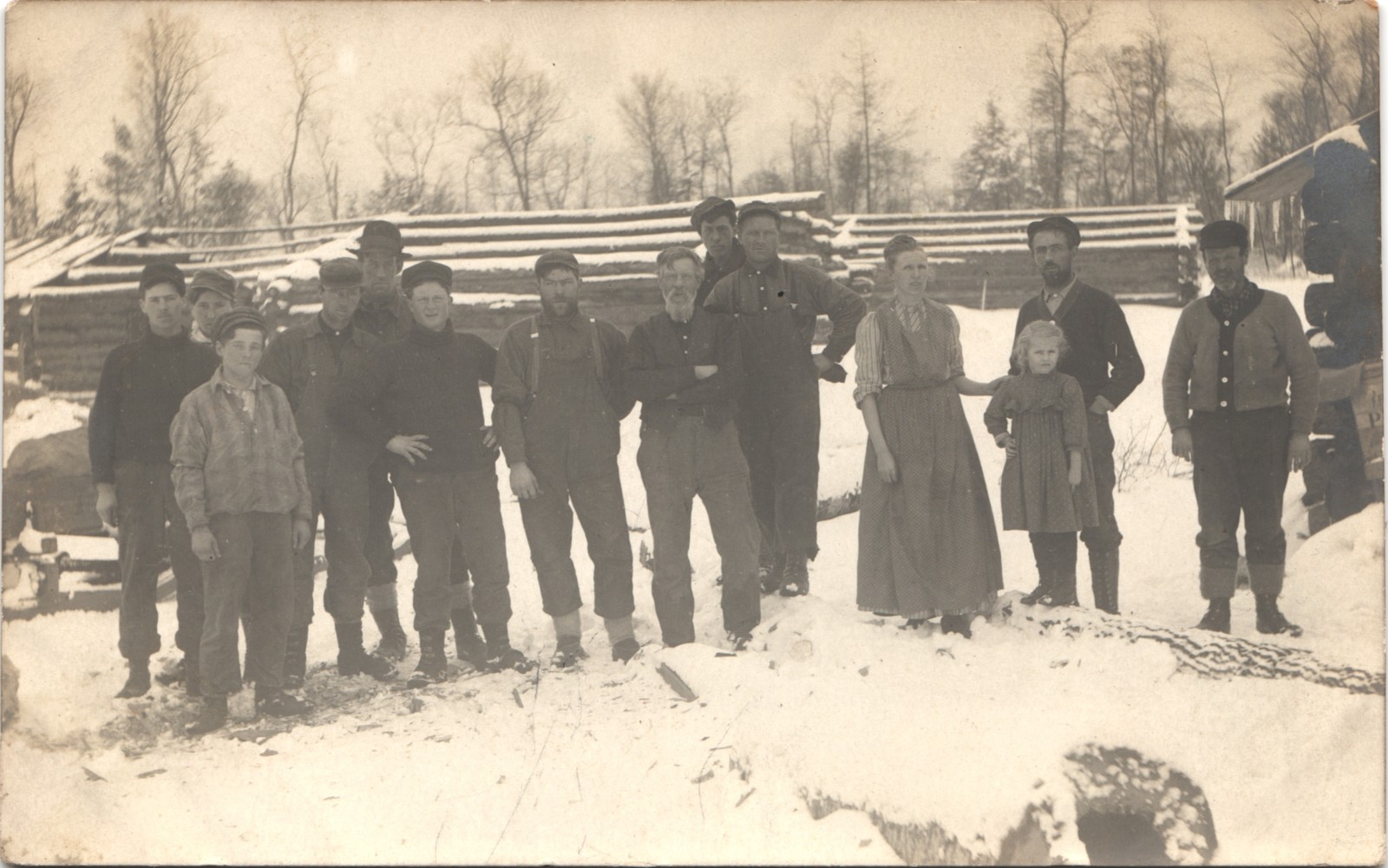 SAWMILL LOGGING CREW c1910 postcard real photo rppc winter camp SAWMILL LOGGING CREW c1910 postcard real photo rppc winter camp