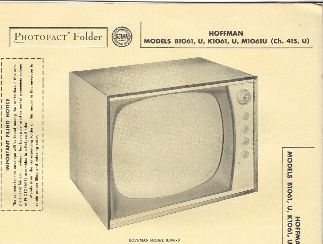 1956 HOFFMAN K1061-U TELEVISION Tv Photofact MANUAL B1061-U M1061-U K1061U Vtg
