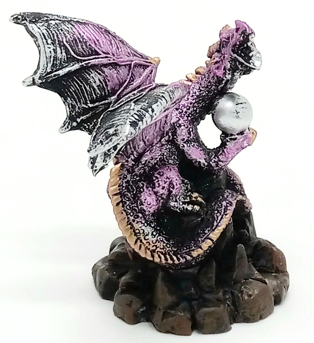 Roaring Medieval Purple Mini Dragon Figurine Holding Crystal H = 3 in