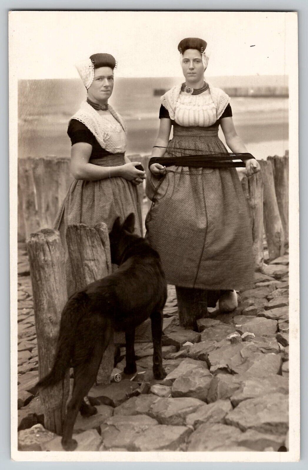 Dutch Women Dog Walcheren Zeeland Netherlands RPPC Photo Vtg Postcard 1910-20s
