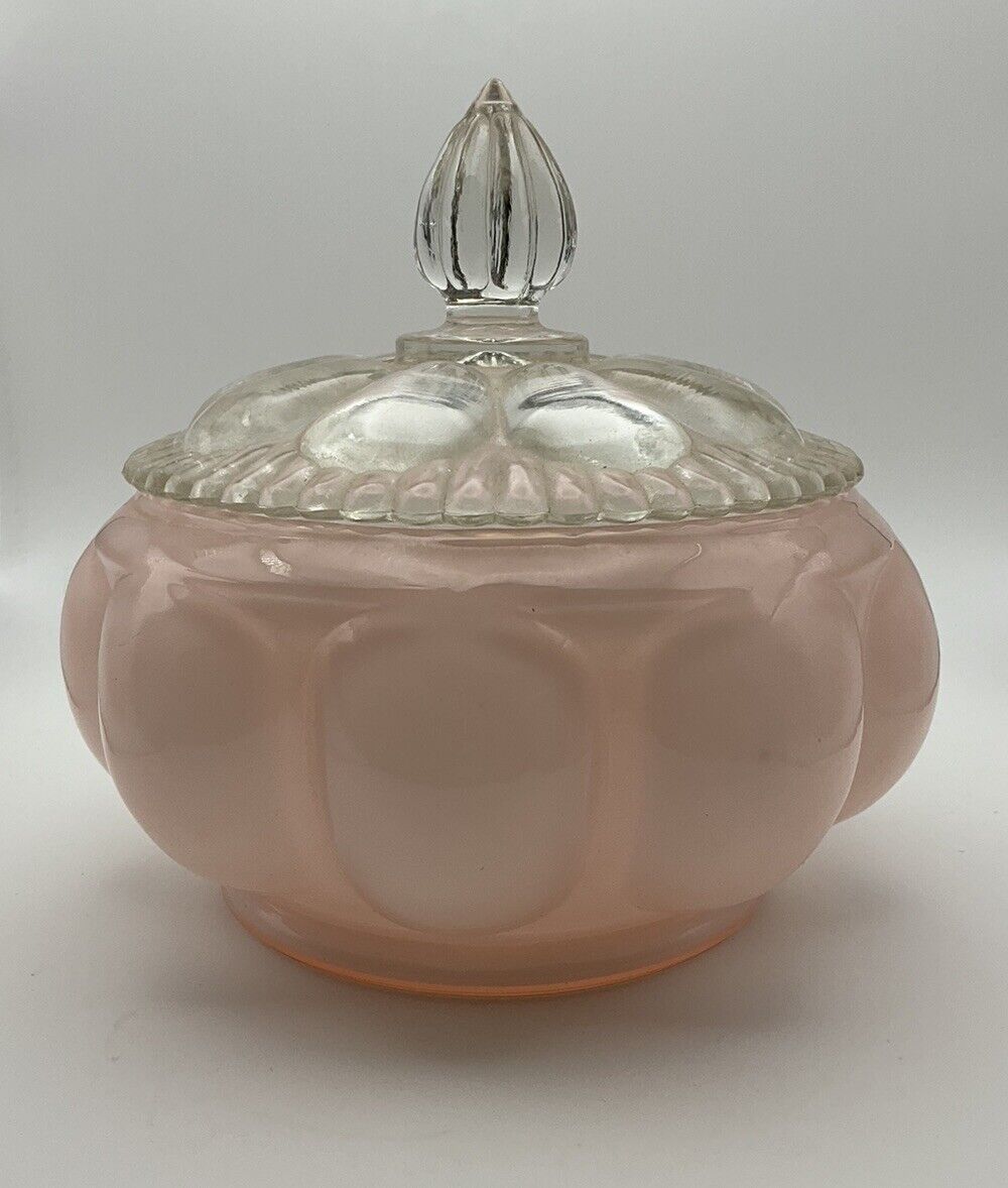Gorgeous Vintage Fenton 1940s Pink Melon Glass Vanity Powder Jar With Lid *EUC*