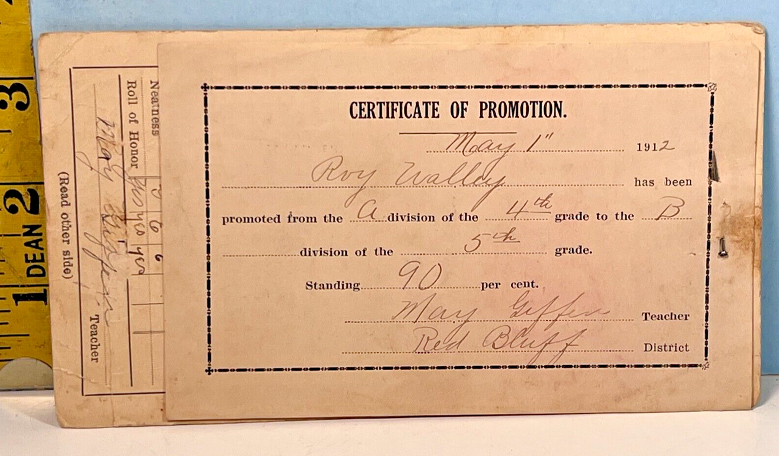 1912 Grade School Cerfificate of Promotion 4th to 5th Grade Red Bluff CA