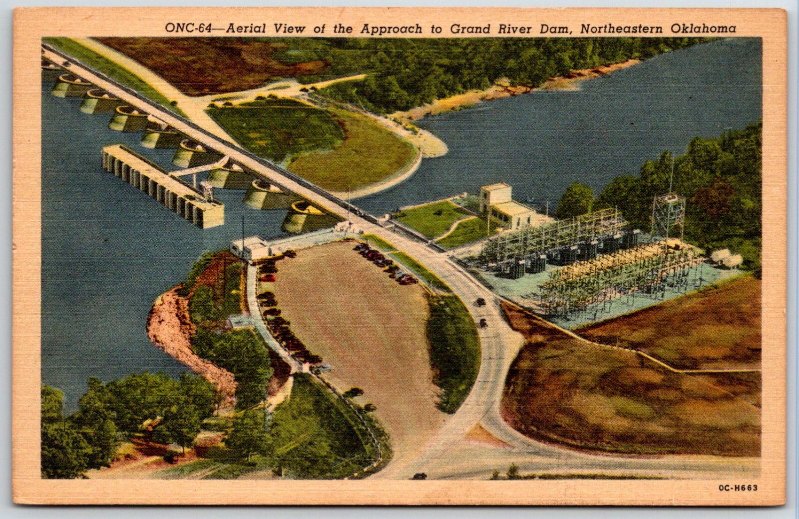 Postcard Aerial View of Approach to Grand River Dam, NE Oklahoma linen UNP