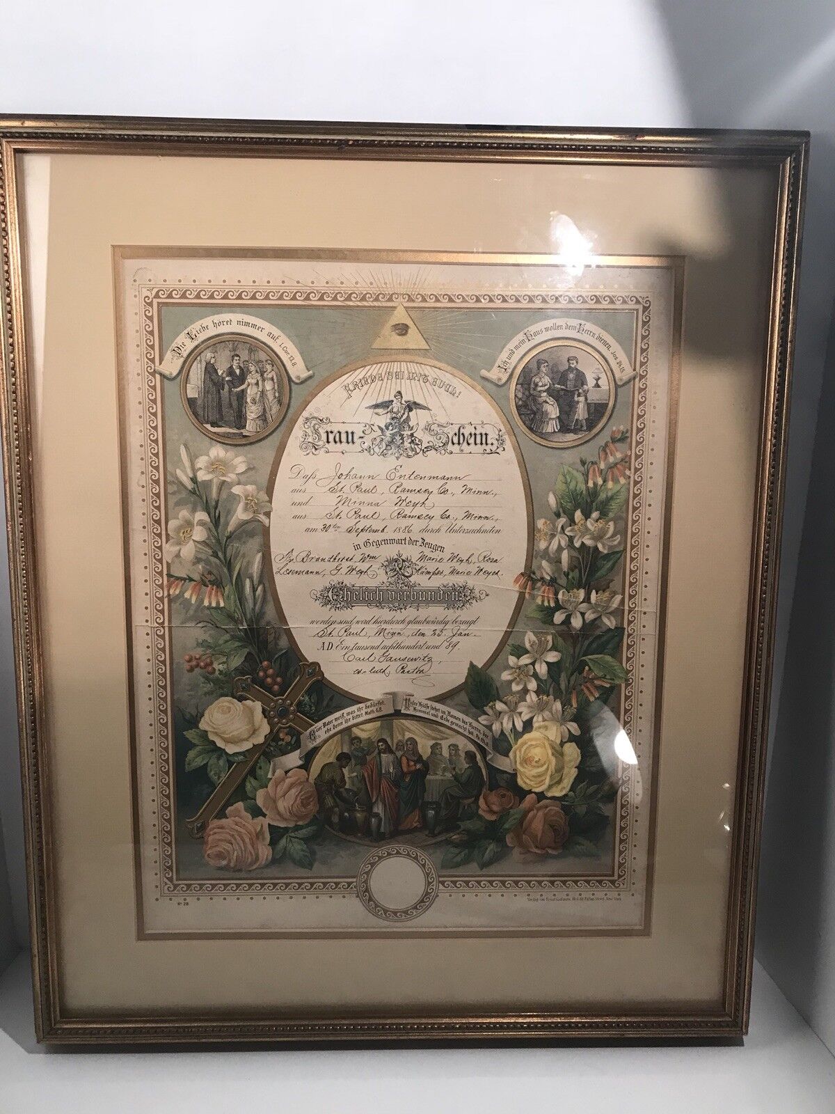 Antique 1886 German Christian Marriage Wedding Certificate Framed Unique