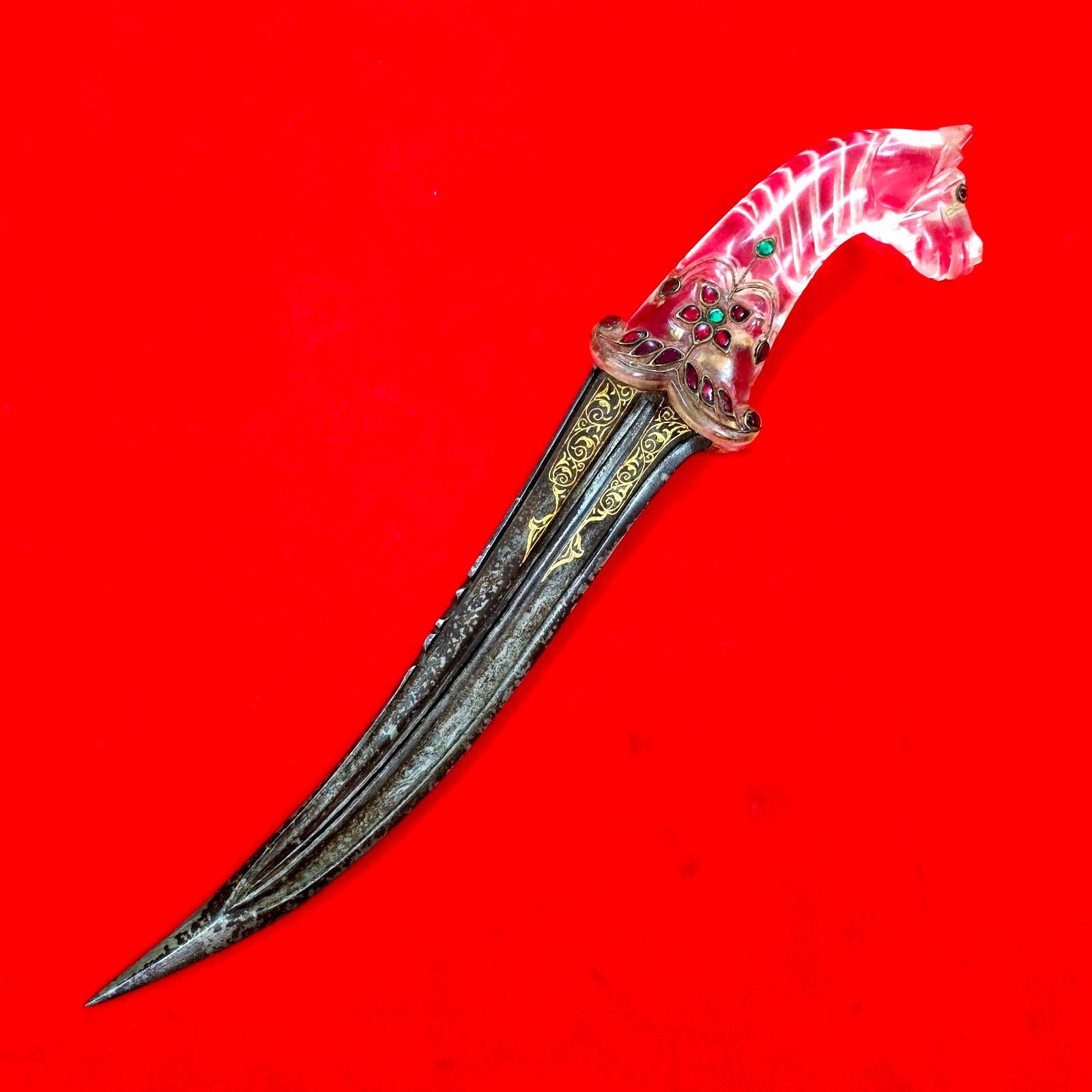 Vintage Indo-Persian Mughal Islamic Jeweled Crystal Gold Damascus Pesh-Kabz Kard Vintage Indo-Persian Mughal Islamic Jeweled Crystal Gold Damascus Pesh-Kabz Kard