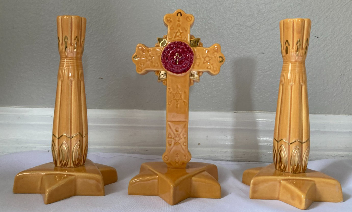 Vintage AMORC Rosicrucian Ceramic Rose Cross & Candlestick Home Sanctum Set