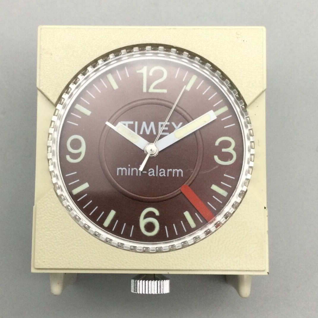 Vintage Timex Mini-Alarm Travel Desk Clock 37mm Beige Brown NO CASE Manual Wind