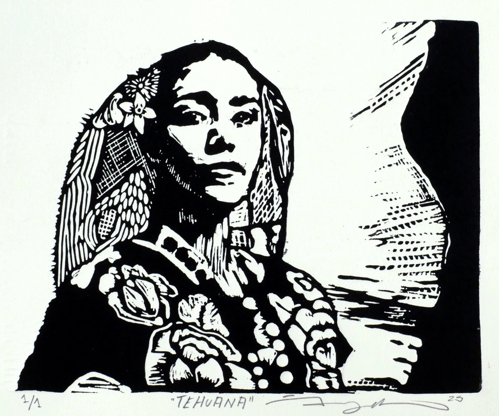 Tehuana Woman Traditional Lace Headdress Woodcut Print Handmade Mexican Folk Art