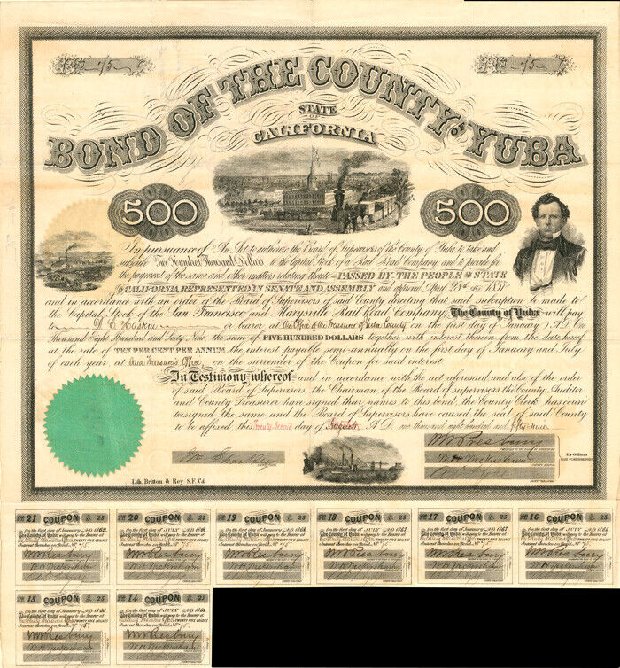 Bond of the County of Yuba - $500 (Uncanceled) - Railroad Bonds