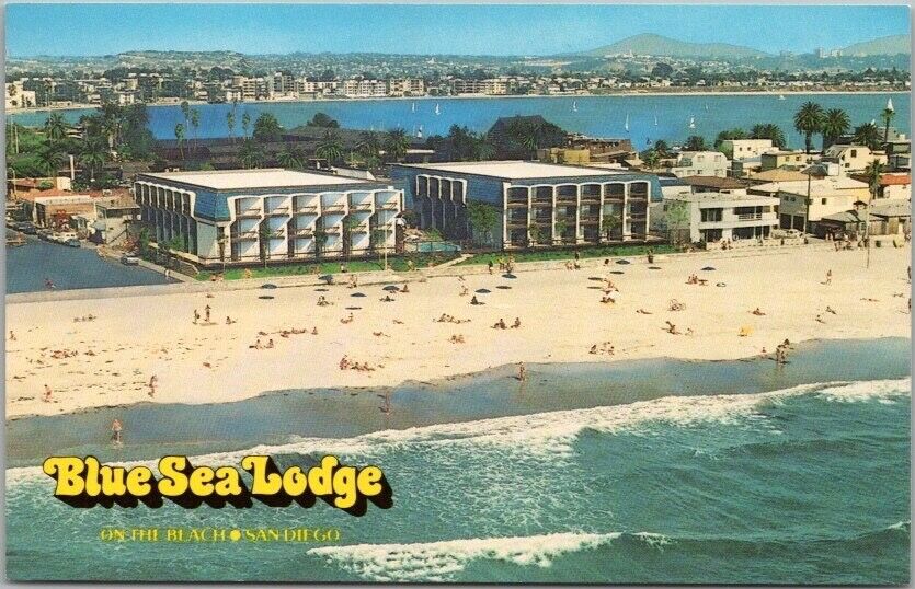 SAN DIEGO, California Postcard BLUE SEA LODGE Aerial Beach View c1970s Unused