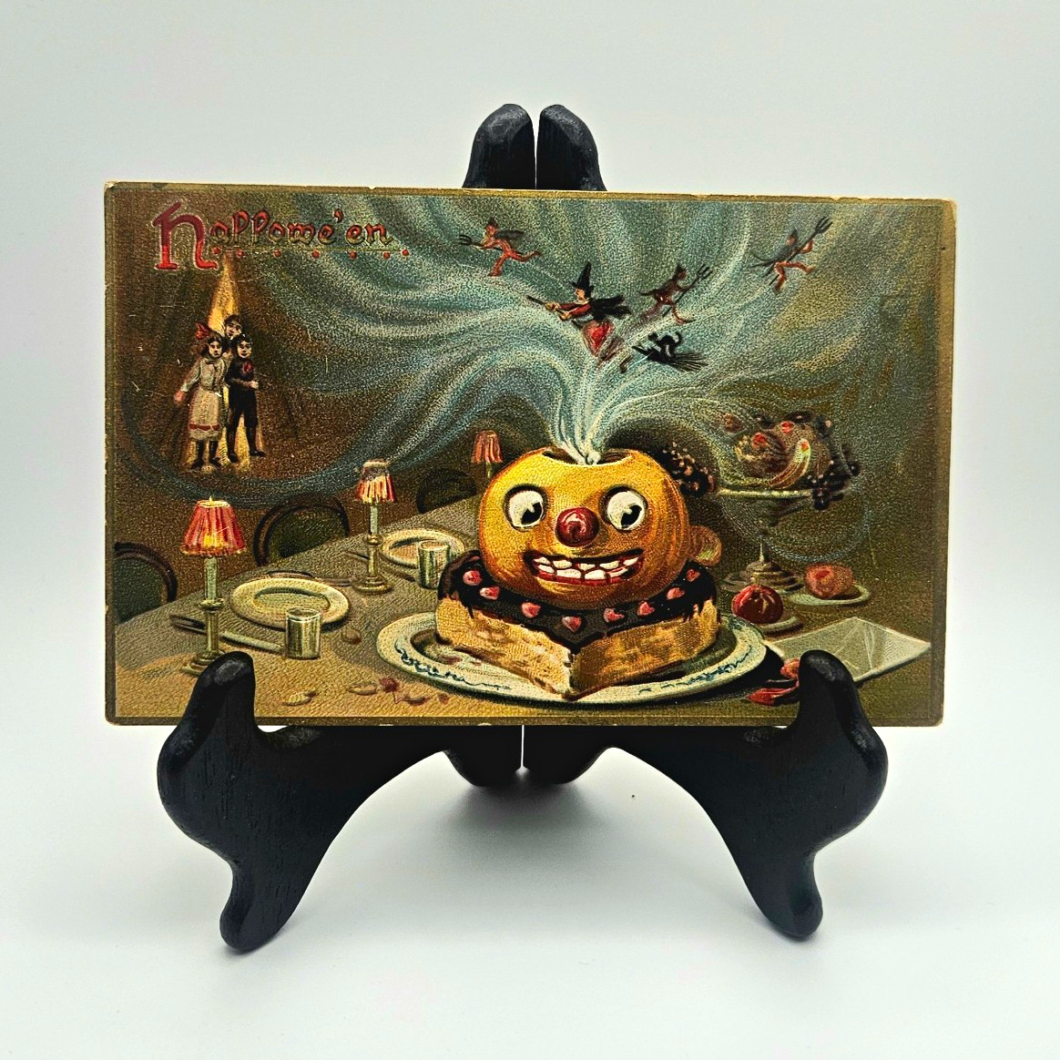 RARE Antique 1908 Raphael Tuck & Sons HALLOWE'EN Witch Cat Pumpkin Post Card