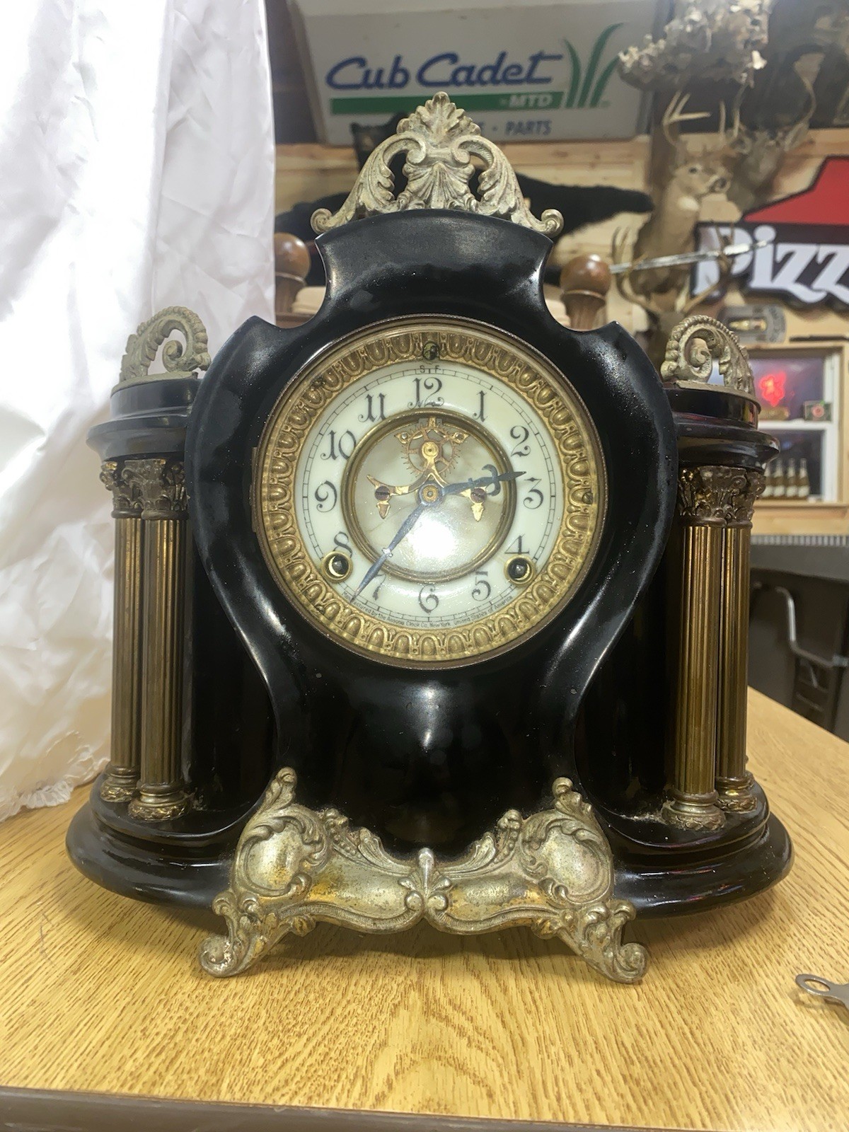 Antique Ansonia Pompeii Cast Iron Mantel Clock Open Escapement Works w key Antique Ansonia Pompeii Cast Iron Mantel Clock Open Escapement Works w key