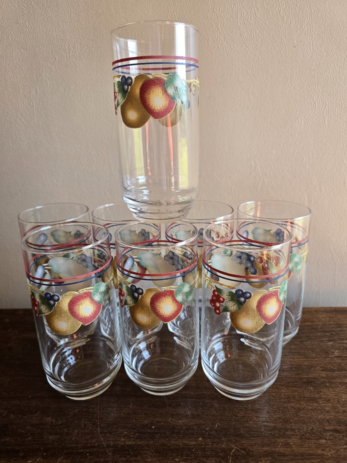 Vintage 8pc. Complements By Indiana Glass Fruits & Leaves 16oz Cooler Glasses Vintage 8pc. Complements By Indiana Glass Fruits & Leaves 16oz Cooler Glasses