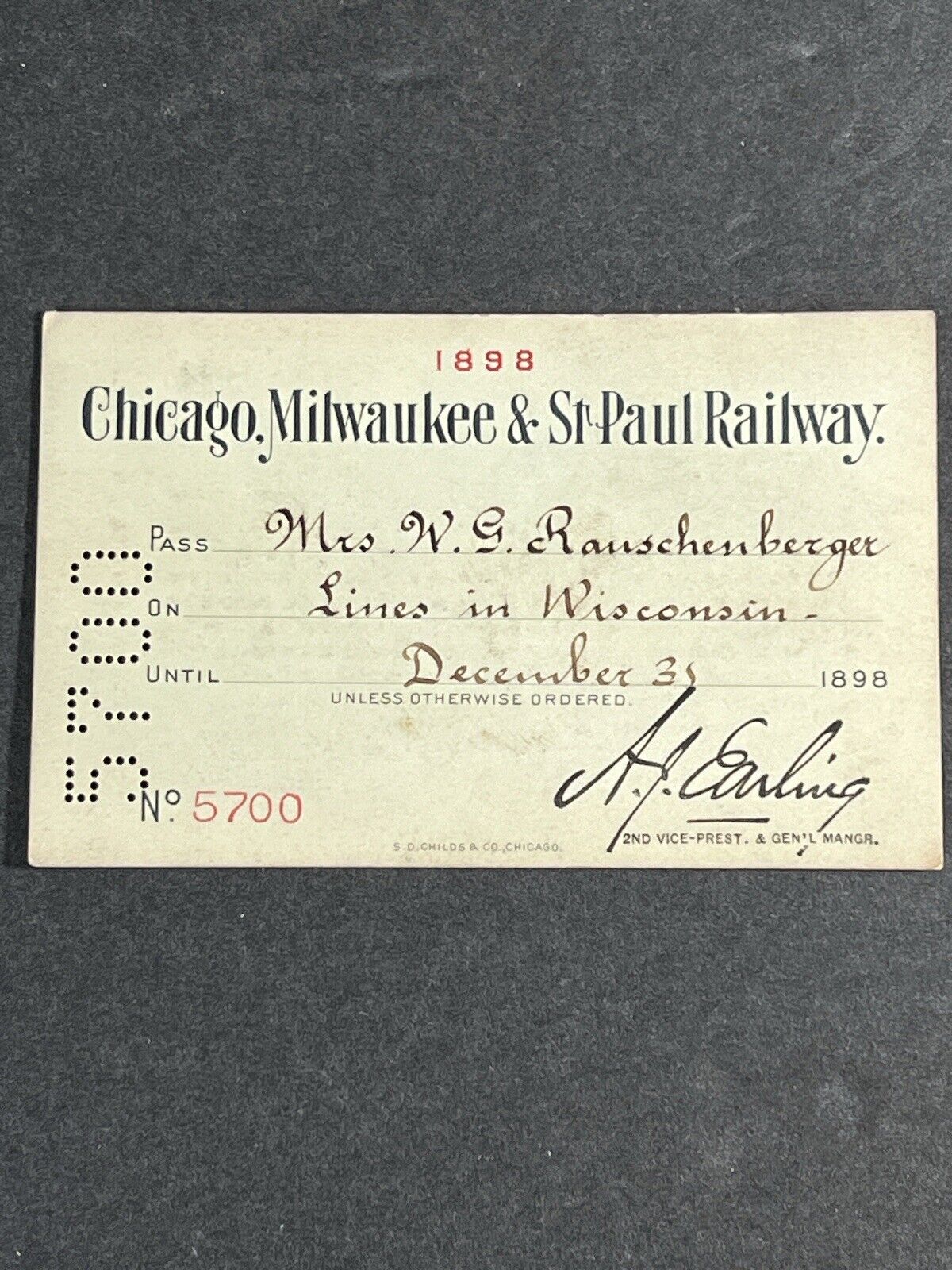 ANTIQUE 1898 CHICAGO MILWAUKEE & ST. PAUL RAILWAY RAILROAD PASS Rauschenberger