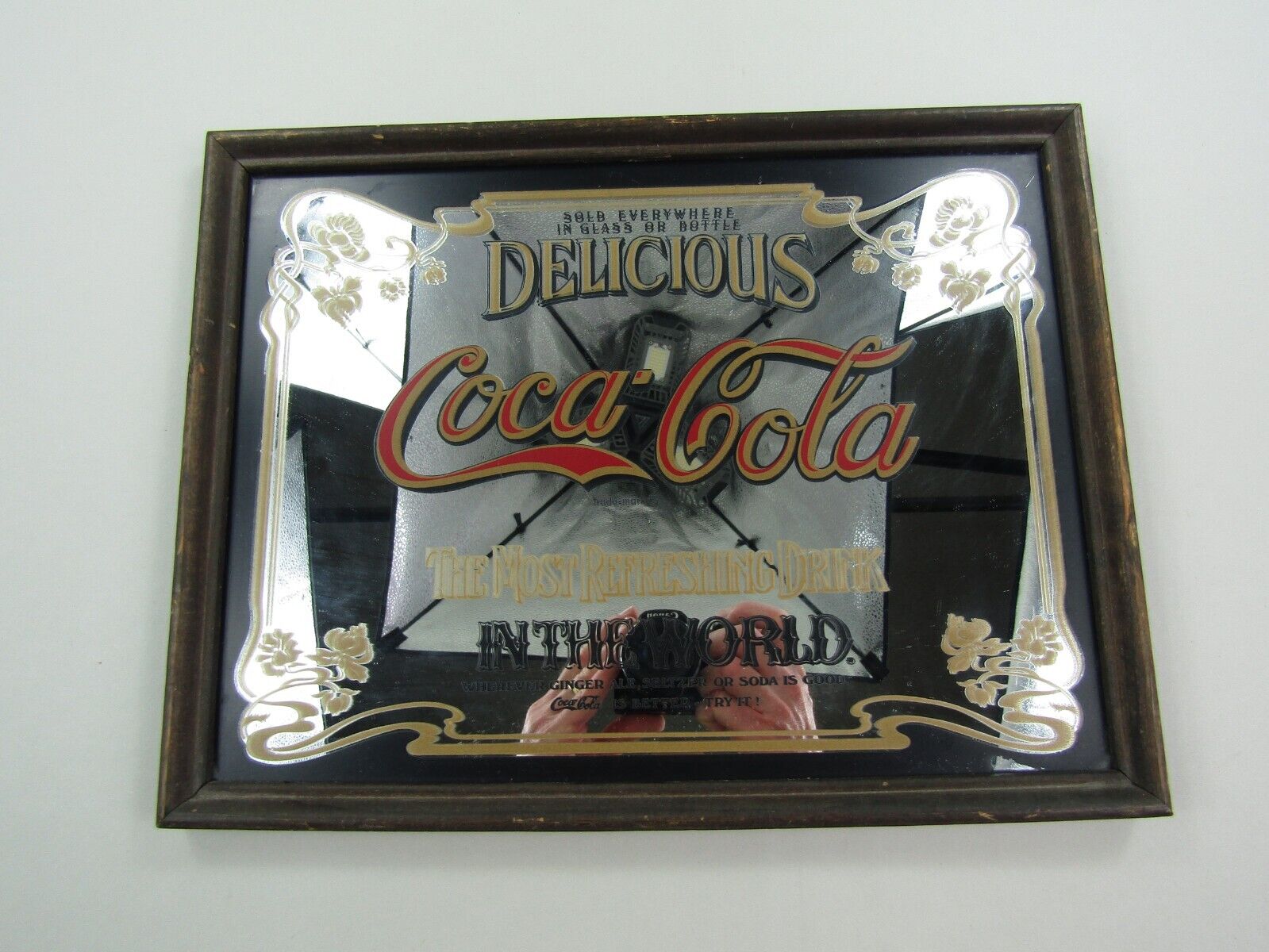 VTG Delicious Coca Cola Mirror Plaque The Most Refreshing Drink Wood Frame Sign