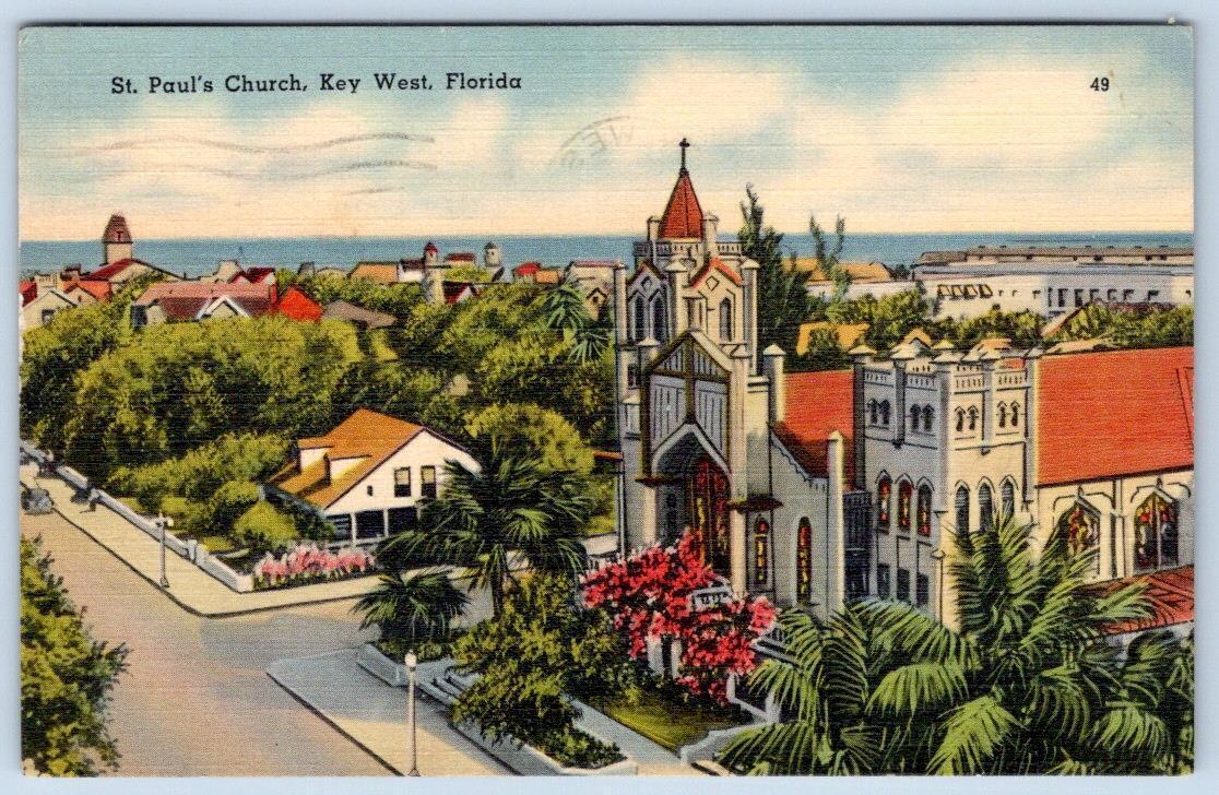 1945 ST PAUL'S CHURCH KEY WEST FLORIDA FL VINTAGE LINEN POSTCARD