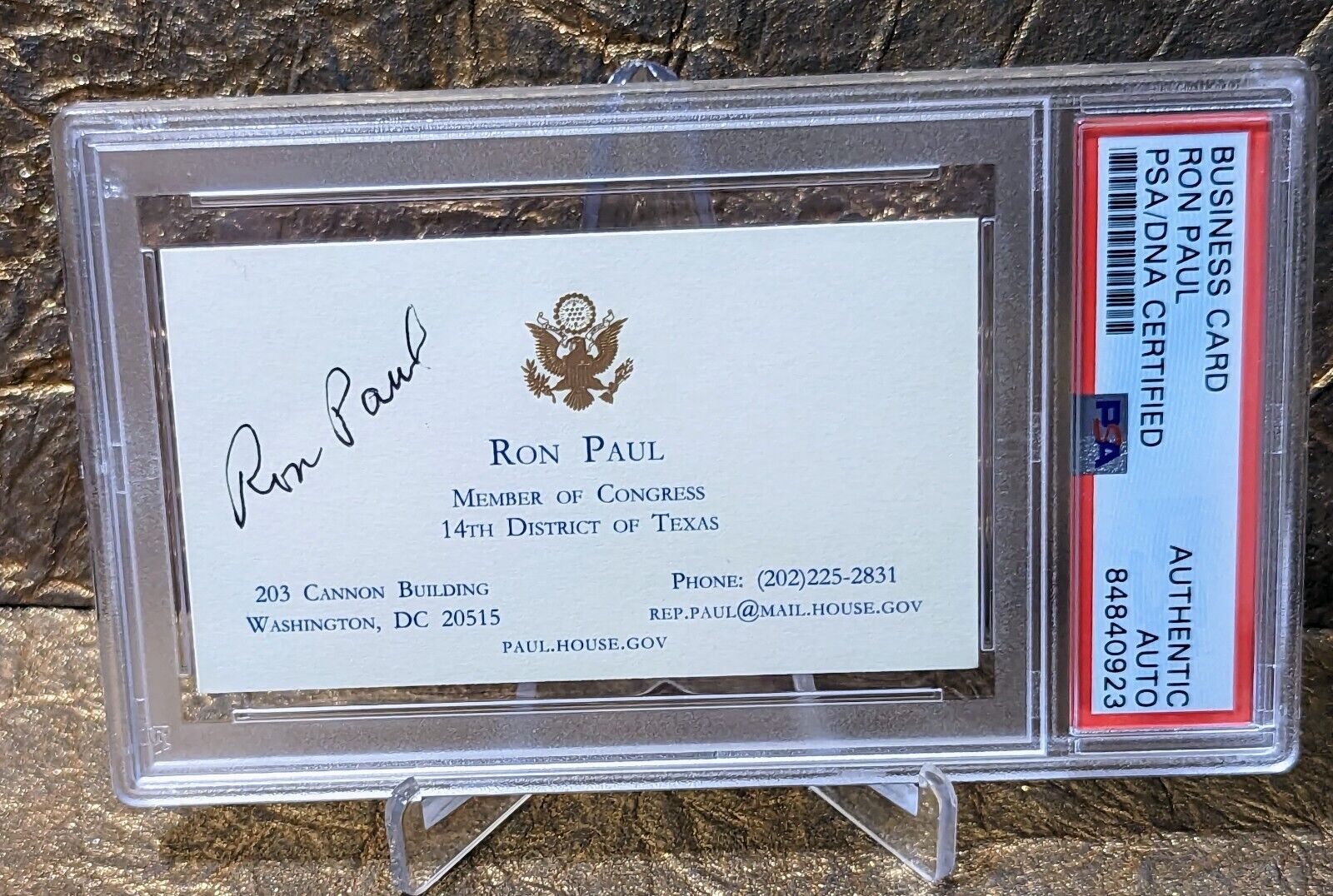 Ron Paul Autograph Texas PSA/DNA Signed Gold Embossed Business Card