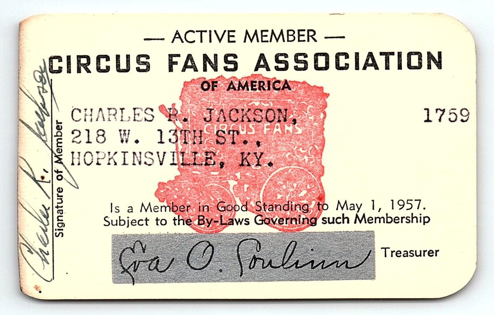 1957 CIRCUS FANS ASSOCIATION OF AMERICA MEMBERSHIP CARD CHARLES JACKSON Z1673