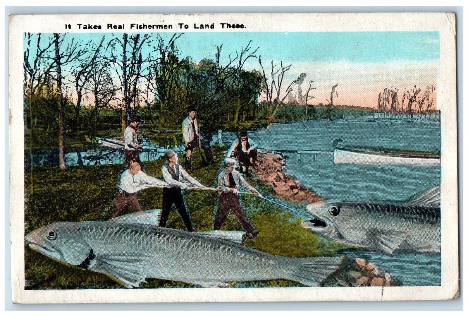 1924 View Of Fisherman Caught Exaggerated Fish Schroon Lake New York NY Postcard
