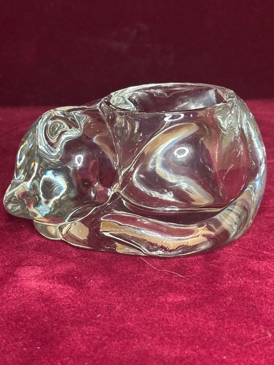 VTG Indiana Glass Clear Sleeping Cat Votive Candle Holder HEAVY Trinket Jar