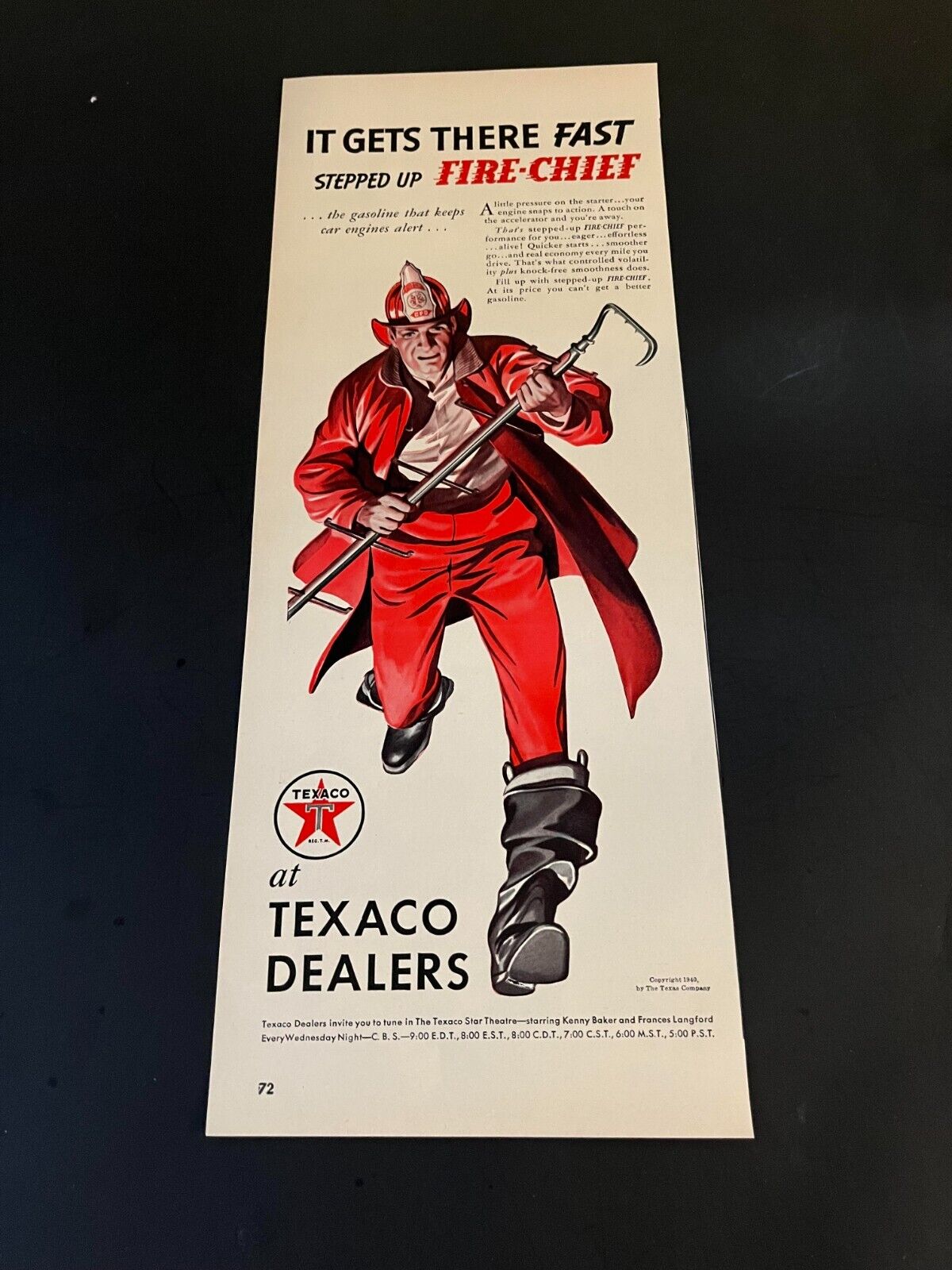 1940 VINTAGE FIRE - CHIEF TEXACO DEALERS PRINT AD  ( FIREMAN...FIRE CHIEF )
