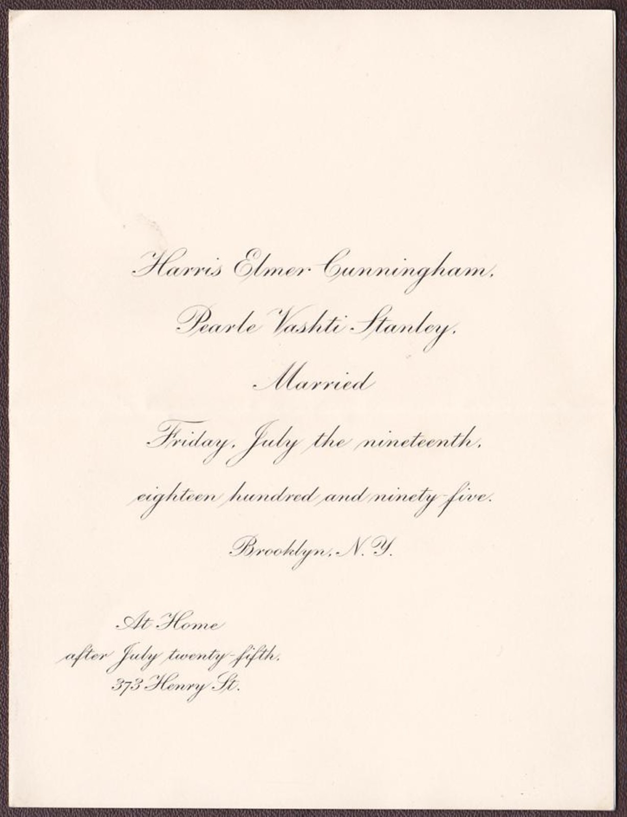 Harris Elmer Cunningham & Pearle Vashti Stanley Marriage - Brooklyn (1895)