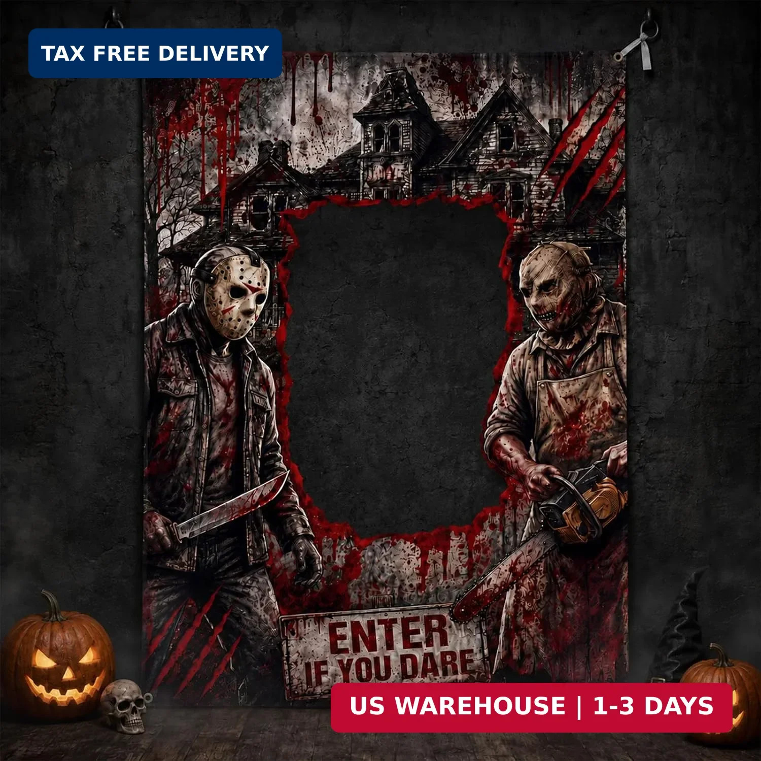 Halloween Photo Booth Backdrop, Scary Chainsaw Killer Frame Banner 70.9 x 47.2 I