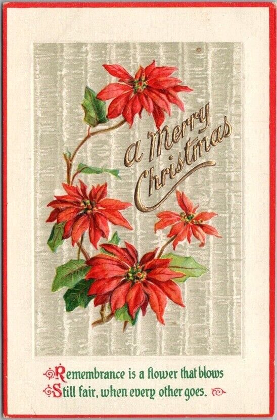 Vintage 1910s A MERRY CHRISTMAS Embossed Greetings Postcard / Poinsettia Flowers