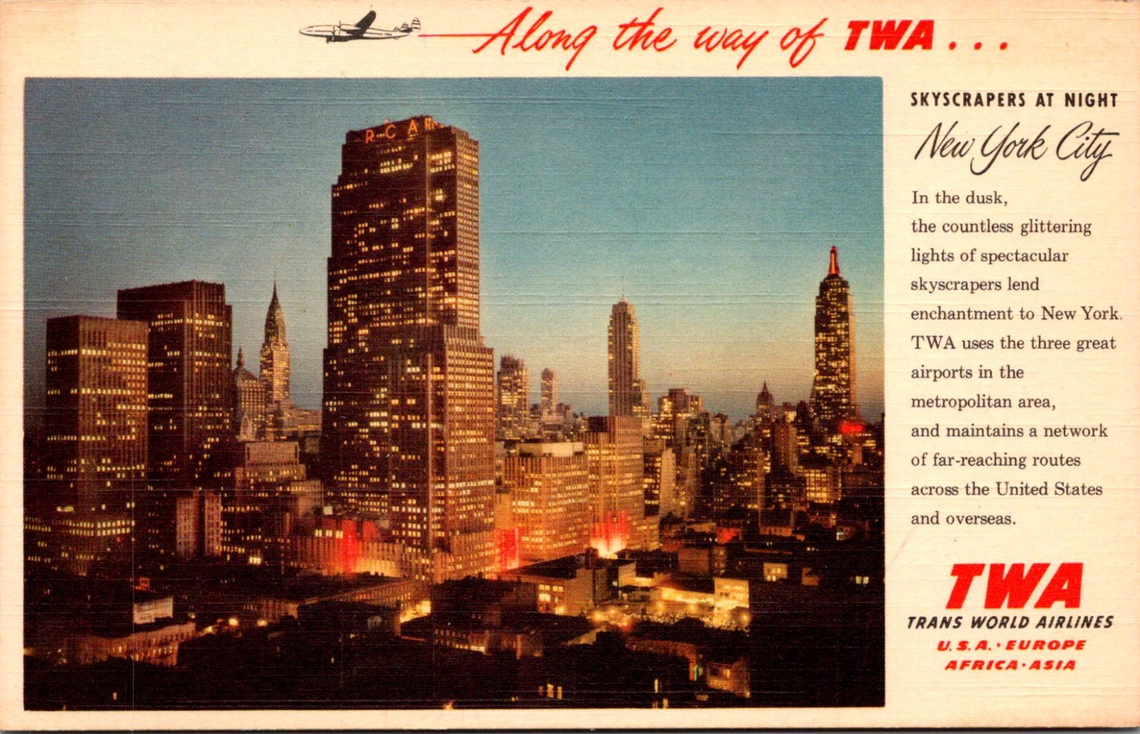 Vintage TWA New York City Skyscrapers at Night Airline Advertising Postcard