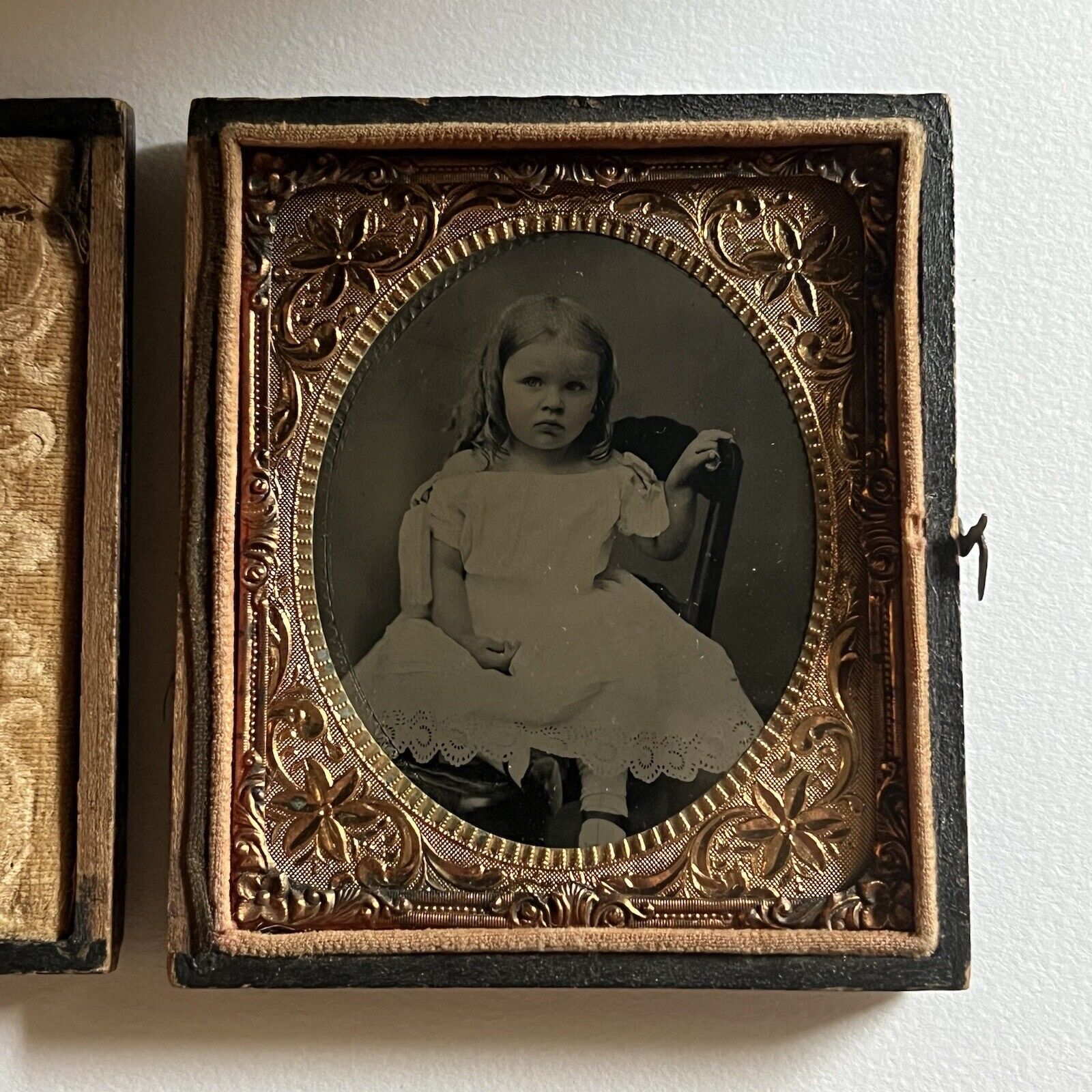 Antique Tintype Photograph Very Adorable But Somber Little Girl Curled Hair