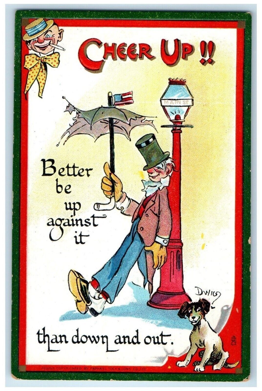 c1910\'s Cheer Up Man Better Be Up Againts It Dog Dwig Tuck\'s Embossed Postcard