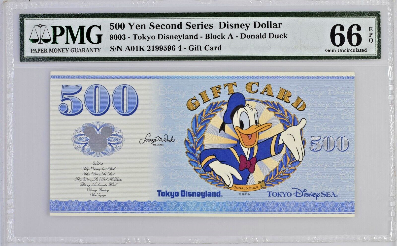 500 Yen Second Series Disney Dollar Tokyo Disneyland Block A Donald Duck PMG 66