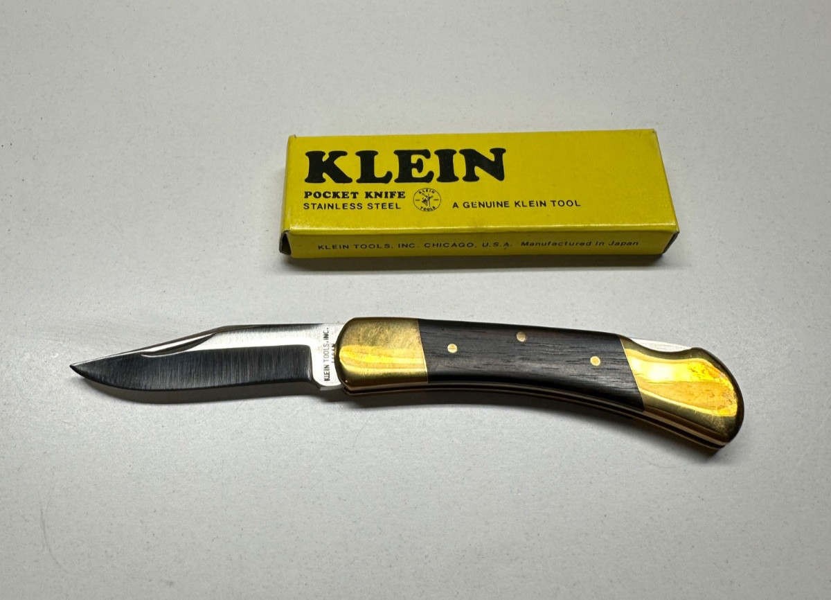 NOS Vintage Klein Tools 44035 Lockback Pocket Knife Wood Brass Japan Box NOS Vintage Klein Tools 44035 Lockback Pocket Knife Wood Brass Japan Box