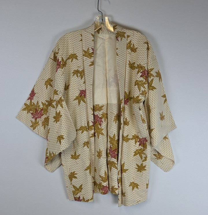 Vintage Japanese Haori Kimono Jacket Cream Gold Red Silk Maple Leaf Boho Autumn