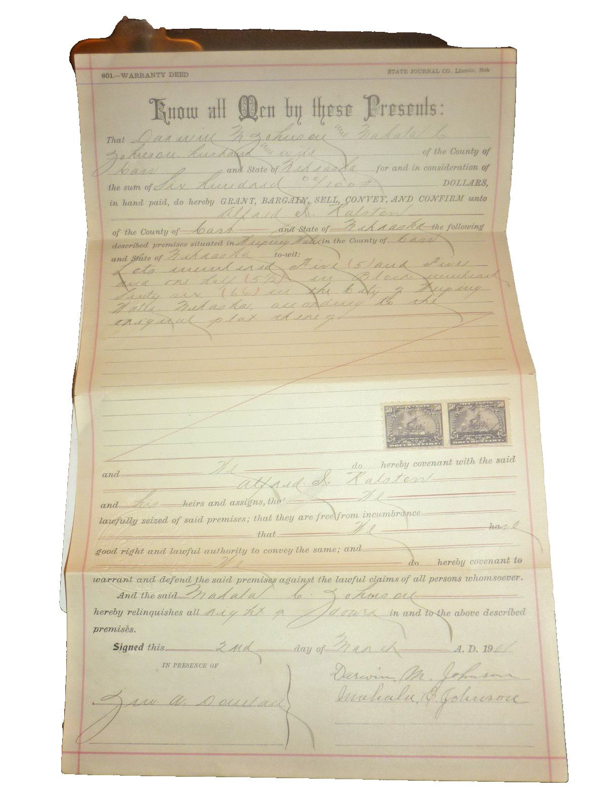 1901 Weeping Water Nebraska Warranty Deed Pair 1898 Battleship Revenue Stamps 50 1901 Weeping Water Nebraska Warranty Deed Pair 1898 Battleship Revenue Stamps 50