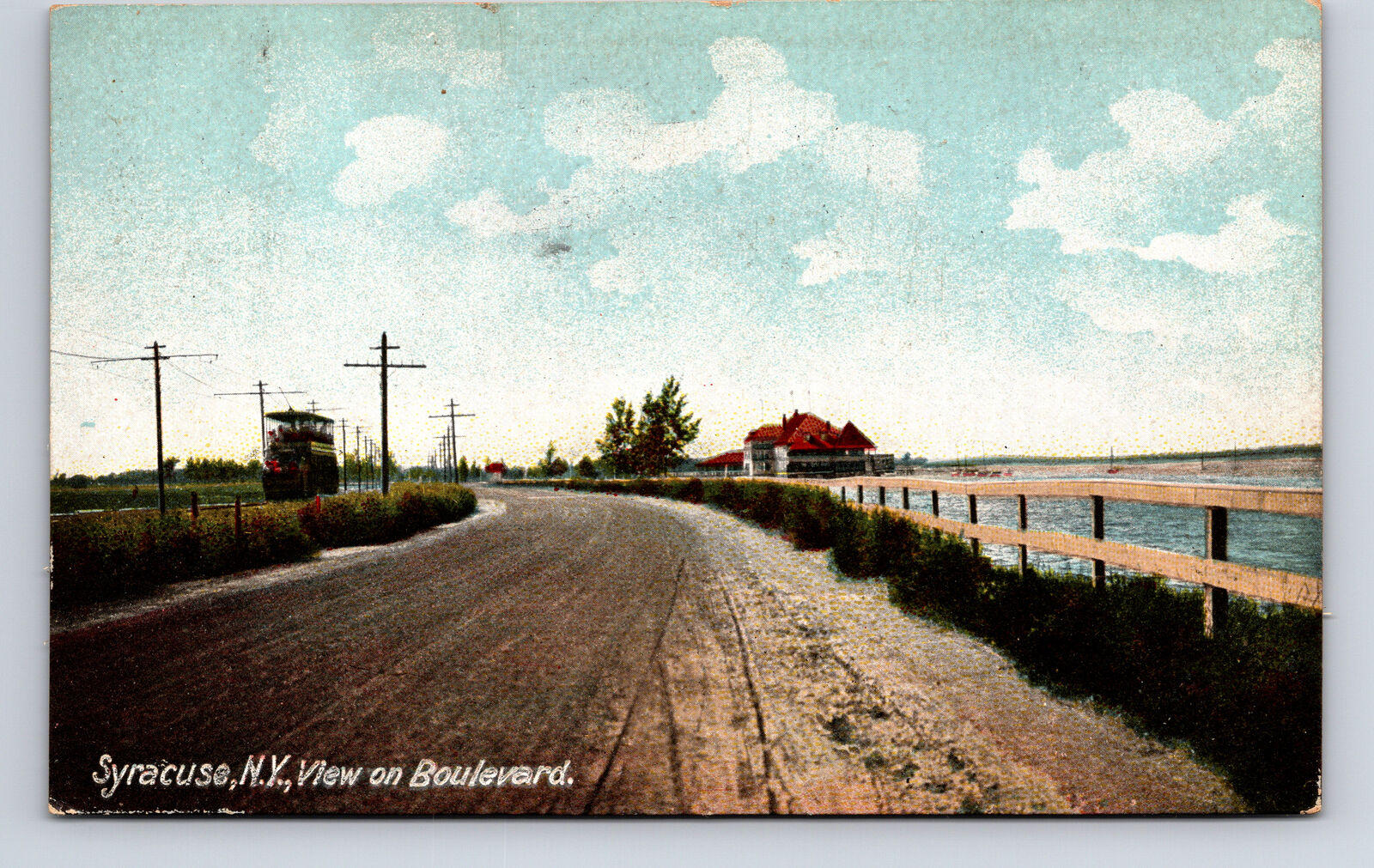 c1906 View on Buolevard Double Decker Trolley Syracue New York NY Postcard