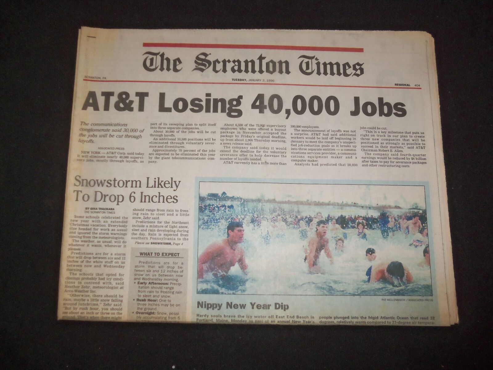 1996 JANUARY 2 THE SCRANTON TIMES NEWSPAPER - AT&T LOSING 40,000 JOBS - NP 8347