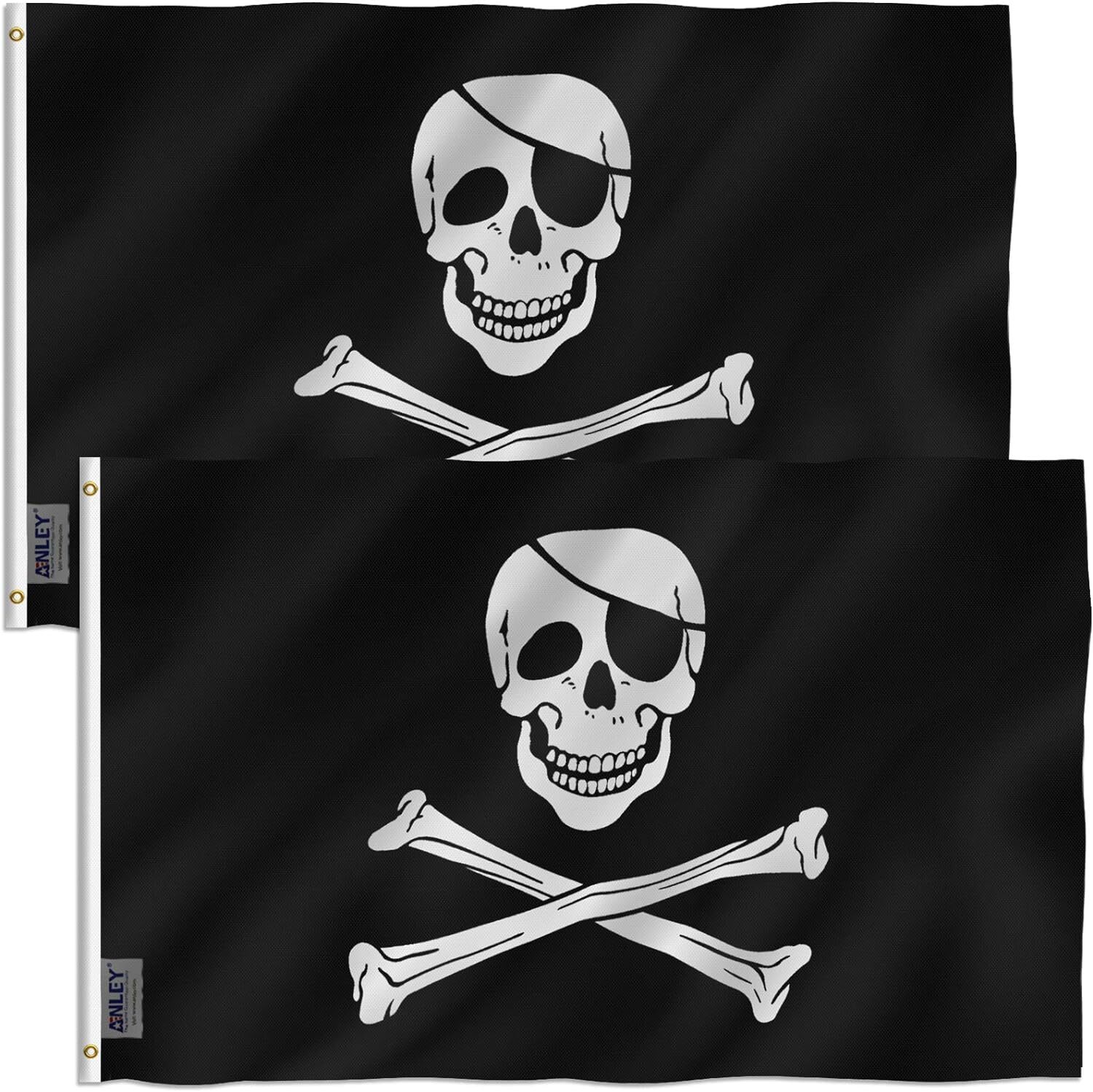 Anley Pack of 2 Fly Breeze 3x5 Foot Jolly Roger Flag with Patch Pirate Flags