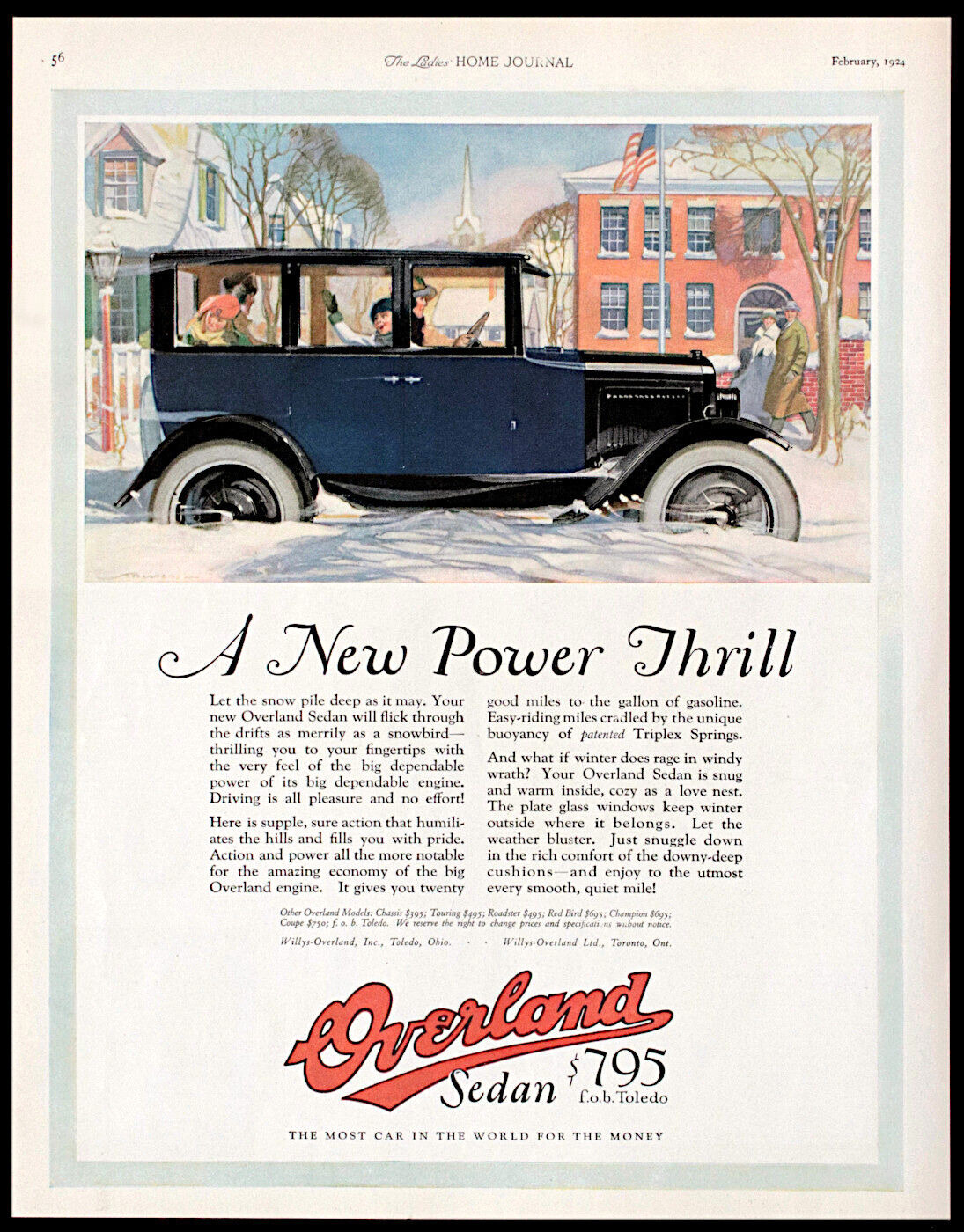 1924 WILLYS OVERLAND Sedan Power Thrill 20 MPG Automobile Vtg PRINT AD