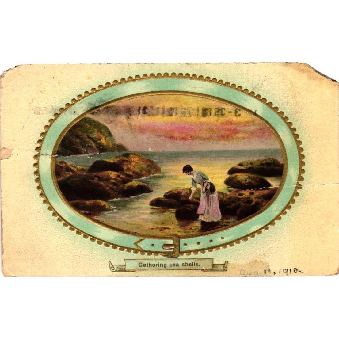 Antique 1910 Postcard Gathering Sea Shells Made in Saxony Germany Embossed Belt